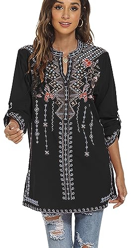 drakloak bohème Top brodé Folklore Shirt Mexique Femmes Tunic Chemise d'été avec Motif Floral, Hippie vêtements Femmes Chemise à Manches Longues(127 BK XL)