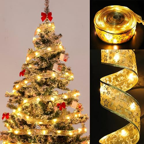 Weihnachtsband Lichter, 5M Glänzende Band Lichterkette 50 LED, Weihnachtsdeko, Shining Ribbon Fairy Lights, Weihnachtsbaum Deko Lichter, Weihnachtsbaum Band, Weihnachten Deko, Christmas Party Lights