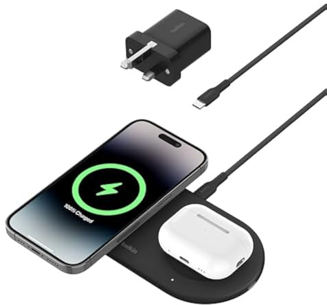 Belkin BoostCharge Pro 2-in-1 Wireless Charging Pad with Magnetic Qi2 15W, Fast Charging iPhone Wireless Charger Compatible with iPhone 17, Air, 16, 15, 14 Series, Pixelsnap, AirPods & More - Black