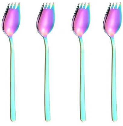 GYJZZW Stainless Steel Multifunction Spork for Camping Utensils, Spaghetti Salad Dessert Heavy Duty Flatware set, Rainbow sporks set of 4 (Rainbow)