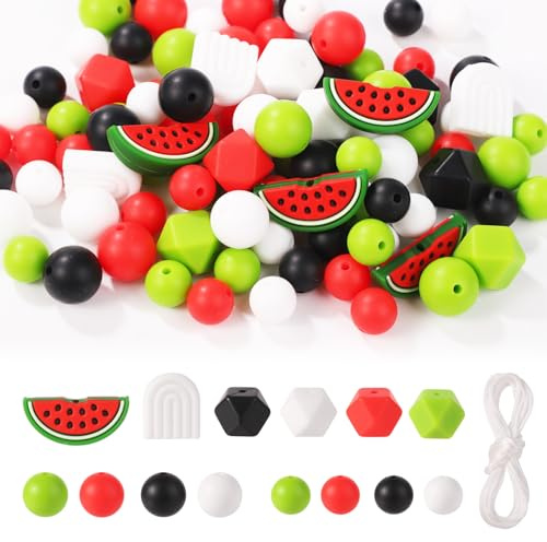 100 Pièces Perles Pastèque, Perles en Silicone Multicolores Perles d'Été en Vrac Hexagonales Rondes avec Corde en Nylon pour Bricolage Artisanat Porte-clés Bracelets Fabrication de Bijoux