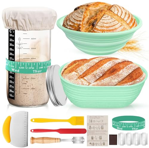Sourdough Starter Kit Bread Baking Supplies,34oz Sourdough Starter Jar, 9 Inch Round + 10 Inch Oval Bread Proofing Basket,Thermometer,Feeding Time Tracker,Metal Scraper Bread Making Accessories
