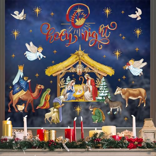 wondever Fensterbilder Nativity Krippe Jesus Fenster Weihnachtsdeko | Wiederverwendbar, Doppelseitig Statisch PVC Fensterdeko, Fensterfolie weihnachten selbstklebend für Winter Innen Dekoration