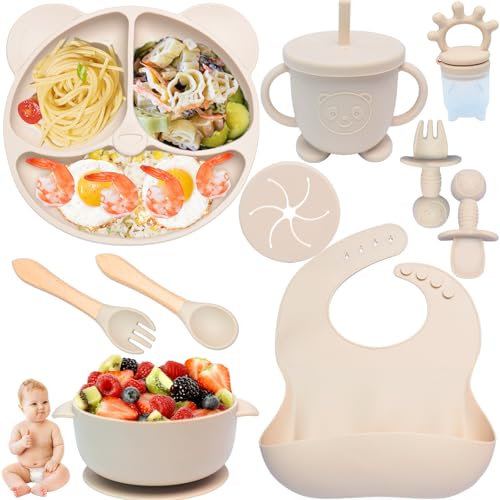 Kinyoda Coffret Repas Bebe 10 Pièces, Assiette bebe Set Vaisselle Antiderapant Silicone avec Ventouse Assiette Bol Fourche Cuillère Bavoir et Tasse, Enfant Set Couverts Vaisselle, Sans BPA, Beige