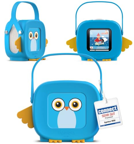 tigermedia Tigerbox Mini Kalli Kauz - Caja de Audio para niños con limitación de Volumen, estéreo, Rueda de Ajuste, Conector Jack, Funda de Transporte, Color Azul, Incluye 4 semanas de Acceso