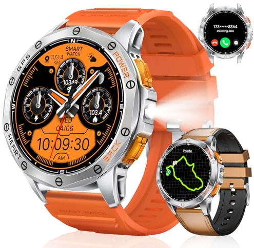 HIRREO Montre Connectée Homme GPS Intégré,Lampe de Poche,Montre de Fitness avec110+ Modes Sportifs,24/7 Surveillance de la Santé,30 Jours Batterie,IP68 Étanche pour iOS Android