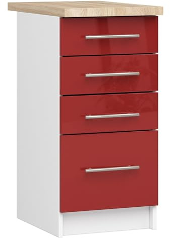 AKORD | Küchenschrank mit Arbeitsplatte - Oliwia S40 | Küchenunterschrank mit 4 Schubladen | Unterschrank Küche 40 cm Breit | ABS-Kante 18 mm | 46 x 40 x 85 cm | Weiß & Rot Glanz