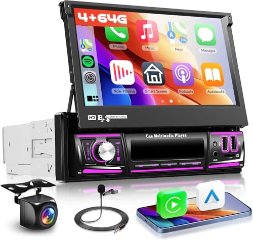 Hodozzy 4GB+64GB Single Din Android Car Stereo with Wireless Carplay & Android Auto, 7 Inch Flip Out Touch Screen Car Radio GPS Navigation, Bluetooth, FM/RDS Radio, Reverse Camera, AUX & Dual USB