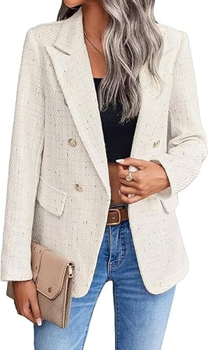 FM2018XSL Giacche Tweed da Donna, Open Front Plaid Tweed Suit Jacket Giacca da Ufficio A Maniche Lunghe Casual Blazer con Tasche Elegante Cappotto