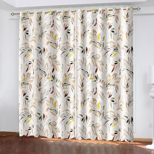Lirzxin Blickdichte Vorhänge 183 cm Lang, Gardinen Verdunkelnd mit Ösen 2er Set Beige Grau Gelb Zweige und Blätter Muster Vorhang für Schlafzimmer Kinderzimmer Wohnzimmer, 152x183 cm(BxH)