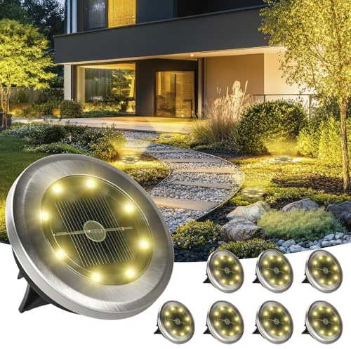 LQWELL Luces solares de suelo, paquete de 8, 8 luces LED para jardín, iluminación exterior para caminos, IP65, impermeable, blanco cálido, para césped, caminos, entradas de vehículos y jardines