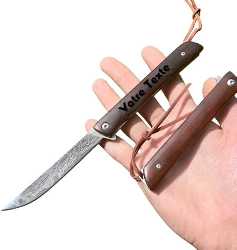 Obespina Couteau Pliant Damas Personnalisé Gravure Laser Nom Prenom Acier Damas 67 Couches VG10 Poche Linerlock Lame Tranchante Manche bois Collection Cadeau Homme Fête Père EDC