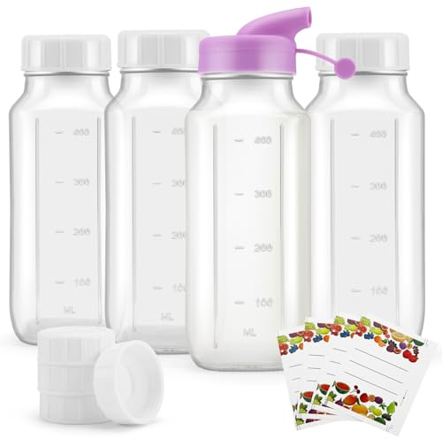 Micvtve 4 pcs 16 Oz Square Glass Milk Bottles with A Silicone Cover, Glass Bottles for Juicing with 4 Airtight Lids,Lids and Scale Mark, Breast Milk Storage Jug