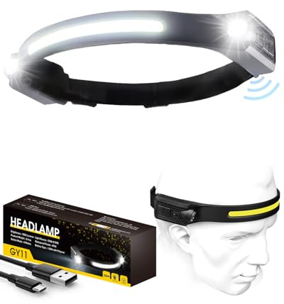 LED Head Torch Rechargeable, 2 Spot 1200LM Headtorch with Motion Sensor Control, 230° Wide COB, 5 Lighting Modes, IPX4 Waterproof Headband Flashlight for Hiking, Running, Father Day Gift, 1 Pack