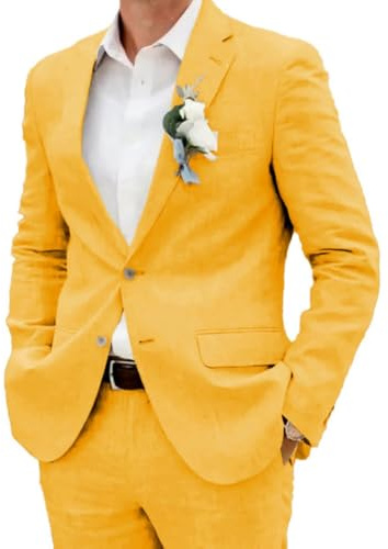 Ensemble de costume décontracté 2 pièces en lin pour homme, blazer à deux boutons, veste et pantalon pour bal de fin d'année, fête de mariage, jaune, 56