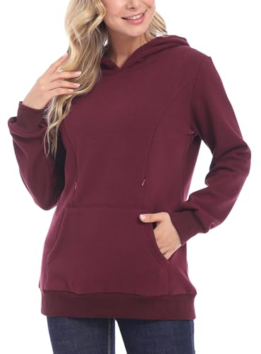 Happy Cherry Stillpullover Damen Kapuzenpullover Gefütterte Weich Stilloberteil mit Hoodie und Taschen Still Langarmshirt Reißverschluss Bequem Warm Weinrot M