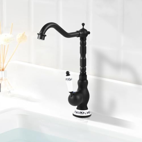 Wasserhahn Bad Schwarz Retro Waschtischarmatur 360° Schwenkbar Waschbeckenarmatur Badarmatur Vintage Retro Armatur Wasserhahn Waschtischarmatur Einhebel Mischbatterie aus Messing für Badezimmer