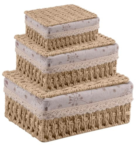 KiKiHong 3 Pcs Cestas Almacenaje con Tapa,Cestos Organizadores Tejida | para Dormitorio,Cajón,Cocina,Baño (Natural)