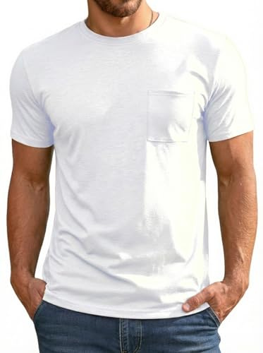 Runcati Camiseta de verano para hombre de manga corta, cuello redondo, ajuste regular, camiseta funcional para hombre, de un solo color, casual, para el gimnasio, deportiva, con bolsillo en el pecho