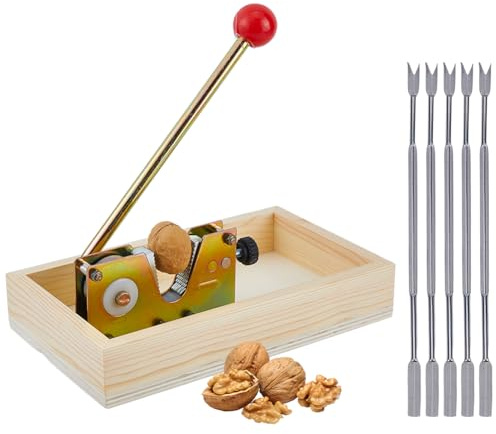DICOSMETIC Cascanueces manual resistente con base de madera, herramienta abridor de nueces de macadamia, pinzas de nueces ajustables, máquina peladora para avellanas, almendras, castañas, con 5