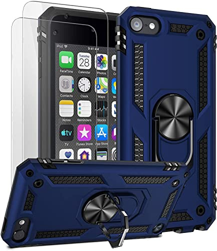 ULAK Hülle für iPod Touch 5/6/7. Generation mit 2 Displayschutzfolien,Blau | Militärqualität Doppelschicht Schutzhülle 360° Standfunktion, TPU+PC Stoßfest Magnetisch Fahrzeughalterung Kompatibel