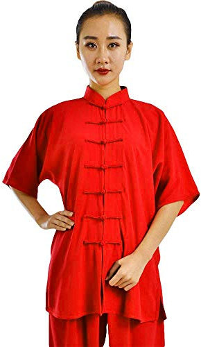 G-LIKE Damen Herren Tai Chi Trainingsanzug – Traditionelle Chinesische Kampfkunst Taiji Kung Fu Qi Gong Wing Chun Shaolin Wushu Frühling Sommer Training Unisex Uniform Kurzärmelig Anzug (Rot, M)