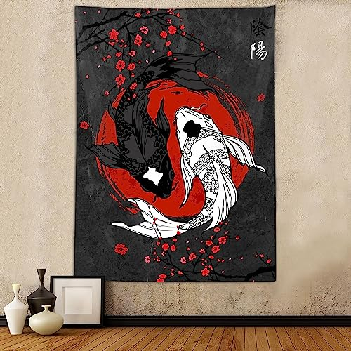 Japanischer Yin-Yang-Koi-Fisch-Wandteppich, cooles rotes und schwarzes Anime-Sakura-Kunst-Wandteppich, vertikaler Wandbehang für Herren, Schlafzimmer, Wohnzimmer, Büro, Dekoration, 101,6 x 152,4 cm,