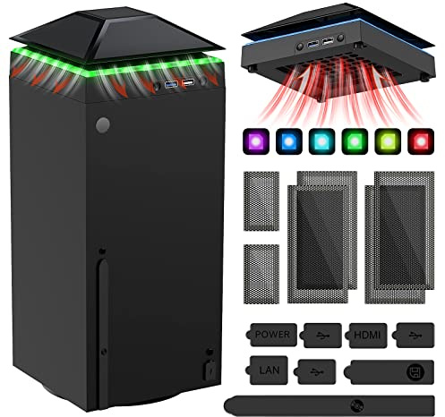 Kühlventilator staubdicht für Xbox Series X Konsole mit buntem Lichtstreifen, MENEEA Staubschutzfilter, Gummistopfen, Top-Lüfter mit 3 Geschwindigkeiten, Kühler & Licht unabhängiger Touch-Schalter