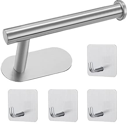 ROUMIO Portarrollos Papel higiénico Autoadhesivo, Porta Rollos de Papel higiénico y 4 Piezas de Ganchos Adhesivos, Muy Adecuado para Cocina, baño e Inodoro, Acero Inoxidable. (Plata)