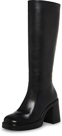 SOVANYOU Damen Schwarz Kniehohe Stiefel Quadratische Zehen Chunky High Heel Plateau Stiefel, Schwarz, 38 EU