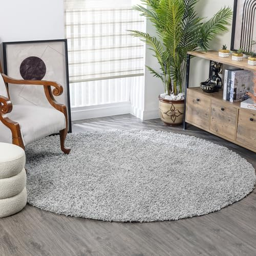 Surya Home Shaggy Berber Teppich - Flauschiger Teppich für Wohnzimmer, Esszimmer, Schlafzimmer, Langflor Hochflor Teppich flauschig - Teppich groß 200 cm Rund, Wohnzimmerteppich in Grau