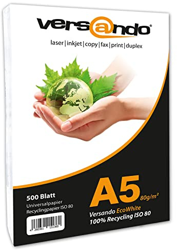 versando 500 Blatt Recyclingpapier DIN A5 EcoWhite 80g Kopierpapier Druckerpapier Öko Umweltpapier (148 x 210 mm)