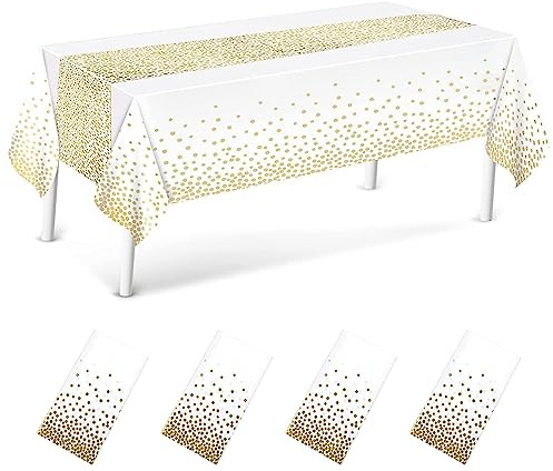 Ruikdly 4 Stück Weiß und Gold Party Tischdecken Wasserdicht Einweg Tischdecke Tischdecke Bierzeltgarnitur 137 x 274 cm Rechteckig Tischtuch Geeignet für Party, Kindergeburtstag, Hochzeit, Weihnachten