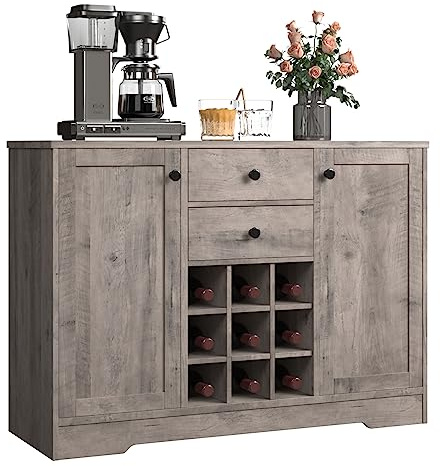 BOTLOG Coffee Bar Cabinet, Kitchen Buffet Storage Cabinet with Storage, 43.3’ Buffet Sideboard Bar Cabinet with Drawers, Adjustable Shelves and Wine Rack for Kitchen, Dining Room