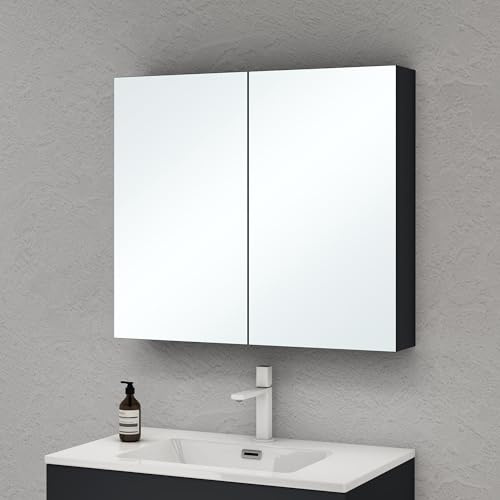 doporro Spiegelschrank Wandschrank Spiegel matt Anthrazit 80x70cm 2 Türen | Modernes Design Hängeschrank Aufbewahrungsschrank für Badezimmer mit verstellbarem Regalbrett Spiegelschrank 02