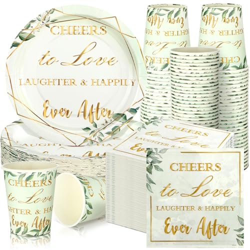 Hushee 200 Pcs Cheers to Love Disposable Bridal Shower Paper Tableware Set Wedding Engagement Bachelorette Party Decorations Supplies Greenery Tableware Set of 50 (Eucalyptus Style)