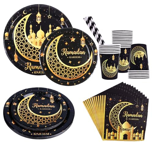 Aitsite Ramadan - Lot de 72 assiettes en papier Aïd Mubarak - Assiettes de fête pour 12 invités - Avec assiettes en papier, gobelets, serviettes - Noir doré
