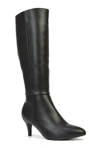 ESSEX GLAM Womens Knee High Boots Ladies Stiletto Low Mid Heels Pointed Toe Classic Pointed Black Synthetic Leather Shoes Size 7