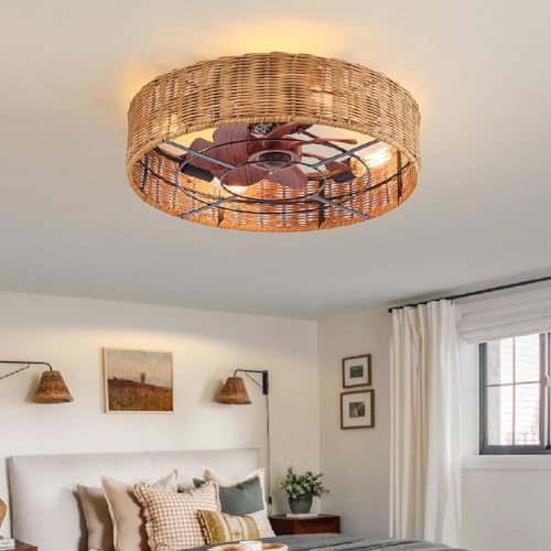 Deckenventilator mit Licht und Fernbedienung rund Bambus handgewebt Vintage Industrial E27 x 4 leise Deckenleuchte mit Ventilator Schlafzimmer Wohnzimmerlampe Esszimmer Fan Licht Beleuchtung