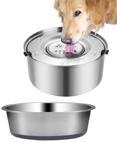 Elisabe Dog Water Bowl No Spill 3L with 1pcs Non Slip Stainless Steel Dog Bowl, Metal Slow Drinking Pet Feeder Dispenser for Large Breed