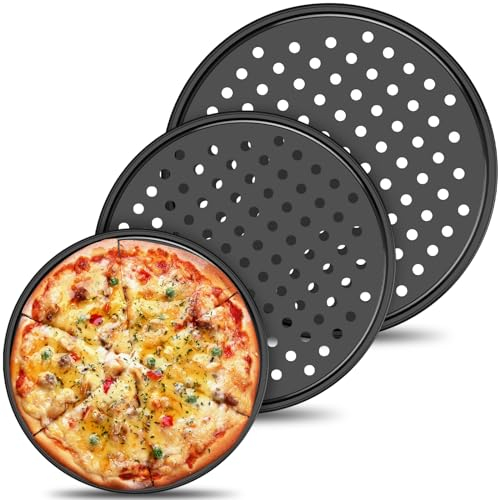 NIHUIFDPY Lot de 3 plaques de cuisson à pizza rondes antiadhésives avec trous perforés - 24 cm, 26 cm, 28 cm - En acier carbone - Pour la maison, la cuisine et le four