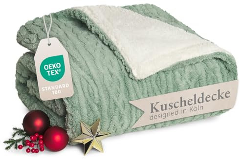 Blumtal coperta pile plaid 150x200 cm con disegno a treccia - coperta divano invernale con certificato OEKO-TEX - coperta pile in microfibra - morbida coperta sherpa sul rovescio - pleid verde/bianco
