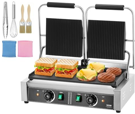 VEVOR Commercial Panini Grill, 3600W Elettrico Sandwich Panini Maker, Doppia Griglia in Acciaio Inox, con Controllo Temperatura e Piastra Piatta Smaltata 485 x 230 mm per Hamburger Bistecca Pancetta