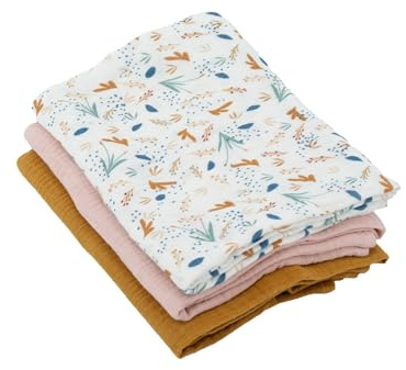 Domiva - Set mit 3 Mullwindeln aus Baumwollgaze: 1 Bedruckt + 2 einfarbig, Karamellrosa, 60 x 60 cm, 1 Bedruckt + 2 einfarbig, Karamellrosa