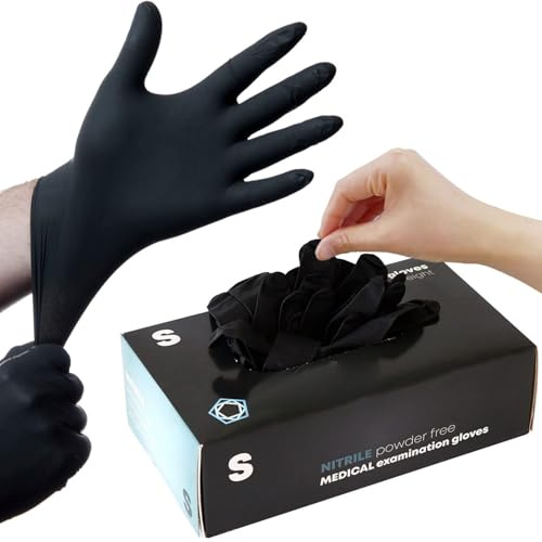 Black Disposable Nitrile Gloves, Multipurpose, Medical Exam Gloves, Chemical Resistant, Powder-Free, Latex-Free, Puncture-Resistant, Food Safe, Cleaning, Tattoo, Box of 100 Gloves (100, SMALL)