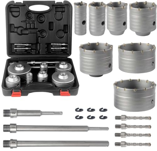BINOTA Kit de 16 Pièces – Scies Cloche à Béton (40-130 mm) – Jeu de Trépan en Carbure de Tungstène, Queues SDS-Plus et SDS-MAX, Foret de Centrage Cruciforme – Perçage à Sec pour Béton, Brique, Pierre