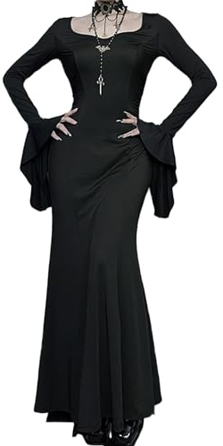YINGWIN Ladies Heart Neck Dress Casual Bat Sleeve Fishtail Dress Vintage Medieval Dresses Black Dress for Women