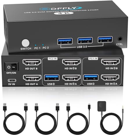 4K HDMI KVM Switch 2 PC 2 Monitors with 3 USB Ports,4K@60Hz USB 3.0 KVM Switches for 2 Computers Share 2 Monitors and 4 USB Devices such as Keyboard, Mouse, Hard Drive