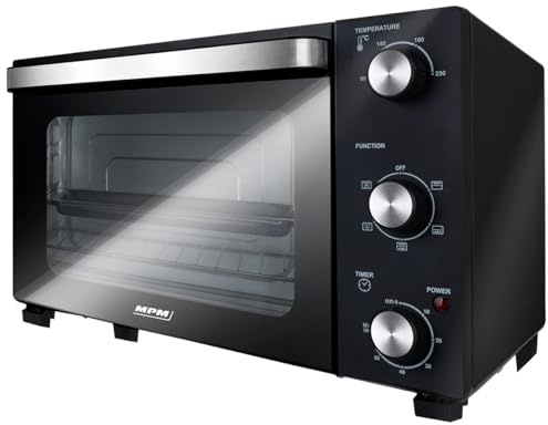 MPM Backofen Klein 28 Liter - Minibackofen 1500W mit Umluft, 5 Heizfunktionen, Ober-/Unterhitze, 90–230 °C Temperaturwahl, 60 Min Timer - inkl. Grillrost, Backblech & Entnahmegriff MPE-15/T
