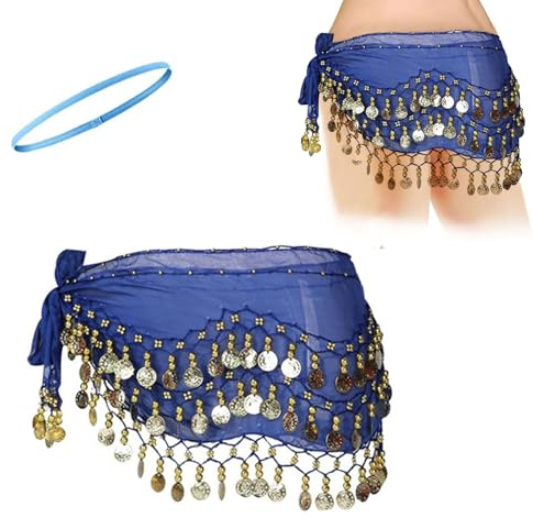 Rakiuty Bufanda de Danza del Vientre,Bufanda de Danza del Vientre Mujer,Pañuelo Danza del Vientre,Cinturón Danza del Vientre,para Actuación Escénica,Actuación de Fiesta,con 1 Cinturón de Cabeza,Azul